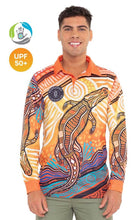 Load image into Gallery viewer, Aboriginal Art Unisex 50+ UPF Long Sleeve Polo Jumping Crocodile