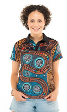 Load image into Gallery viewer, Aboriginal Art Ladies Fitted Polo Rainbow Serpent