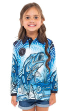 Load image into Gallery viewer, Aboriginal Art Kids Unisex 50+ UVF Long Sleeve Polo Full Moon Barramundi