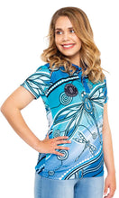 Load image into Gallery viewer, Aboriginal Art Women's Fitted 50+ UPF Polo Dragonfly Waters
