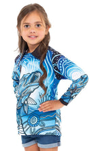Load image into Gallery viewer, Aboriginal Art Kids Unisex 50+ UVF Long Sleeve Polo Full Moon Barramundi