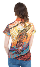 Load image into Gallery viewer, Aboriginal Art Women's Fitted 50+ UPF Polo Jumping Crocodile