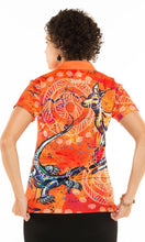 Load image into Gallery viewer, Aboriginal Art Ladies Fitted Polo Kangaroo & Goanna Dreaming