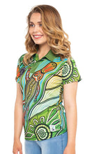 Load image into Gallery viewer, Aboriginal Art Women's Fitted 50+ UPF Polo Platypus River