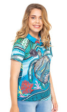 Load image into Gallery viewer, Aboriginal Art Women's Fitted 50+ UPF Polo Sea Turtles Journey
