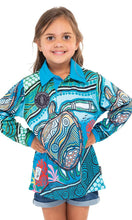 Load image into Gallery viewer, Aboriginal Art Kids Unisex 50+ UVF Long Sleeve Polo Sea Turtles Journey