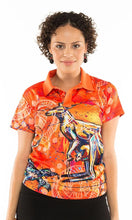 Load image into Gallery viewer, Aboriginal Art Ladies Fitted Polo Kangaroo & Goanna Dreaming