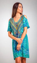 Load image into Gallery viewer, Silk Dress V Neck Cold Shoulder Atlantis