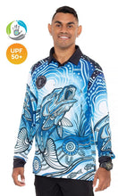 Load image into Gallery viewer, Aboriginal Art Unisex 50+ UPF Long Sleeve Polo Full Moon Barramundi