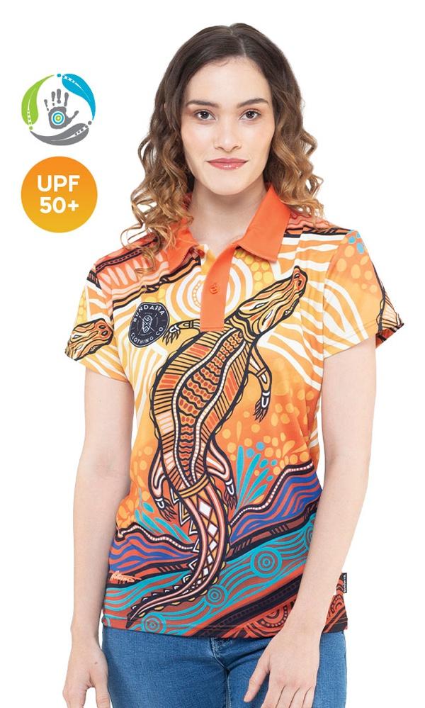 Aboriginal Art Women's Fitted 50+ UPF Polo Jumping Crocodile