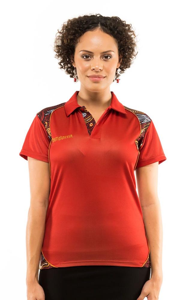 Aboriginal Art Ladies Fitted Bamboo Polo Hunters Tracks