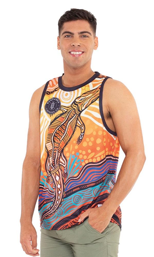 Aboriginal Art Premium Men's Singlet Jumping Crocodile