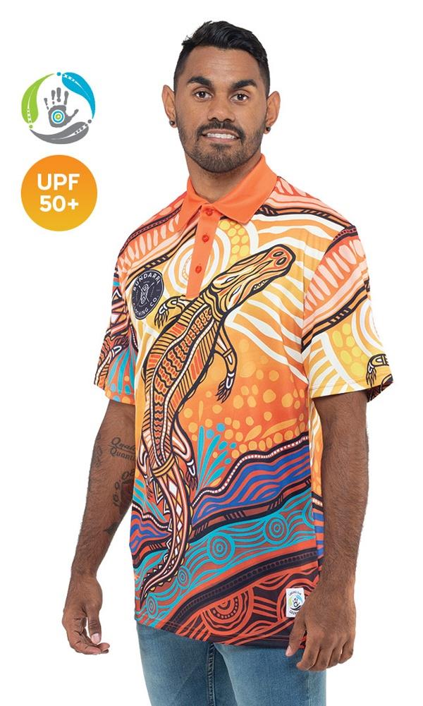 Aboriginal Art Unisex 50+ UPF Polo Jumping Crocodile