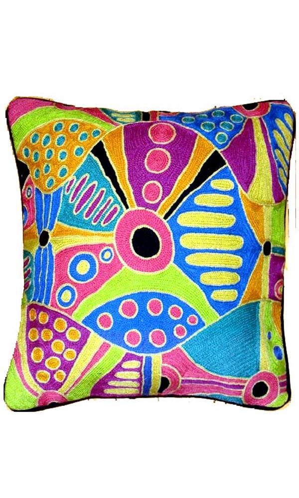 Aboriginal Art Handstitched Cushion Cover - Family and Places by Mary Young