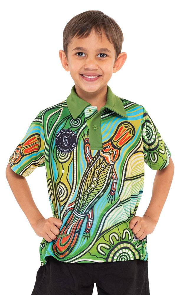 Aboriginal Art Kids Unisex 50+ UPF Polo Platypus River