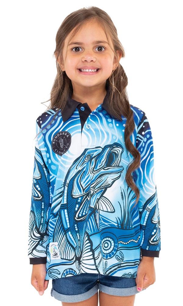 Aboriginal Art Kids Unisex 50+ UVF Long Sleeve Polo Full Moon Barramundi