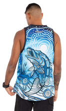 Load image into Gallery viewer, Aboriginal Art Premium Men&#39;s Singlet Full Moon Barramundi
