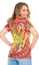 Load image into Gallery viewer, Aboriginal Art Women&#39;s Fitted 50+ UPF Polo Sunset Goanna
