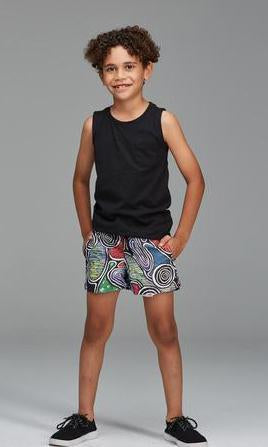 Aboriginal Art Kids Swim Short Weaving through Time