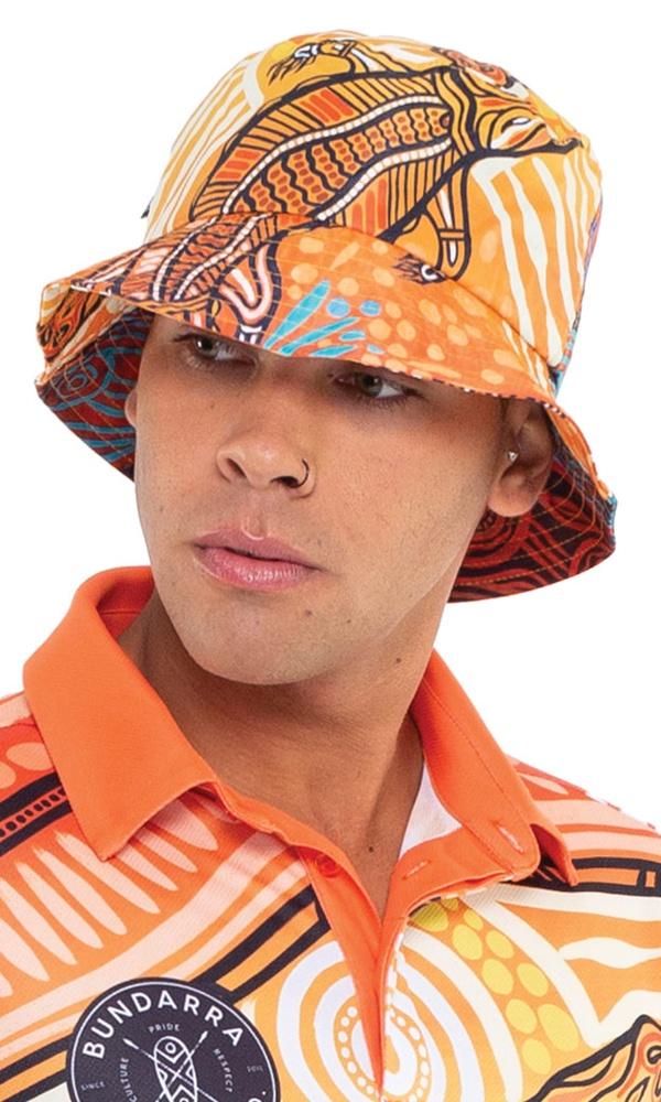 Aboriginal Art Recycled 50+ UPF Bucket Hat Jumping Crocodile