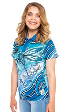 Load image into Gallery viewer, Aboriginal Art Women&#39;s Fitted 50+ UPF Polo Dragonfly Waters
