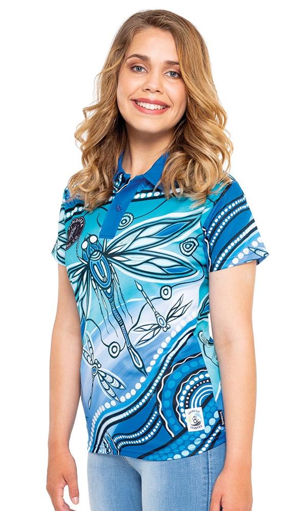 Aboriginal Art Women's Fitted 50+ UPF Polo Dragonfly Waters