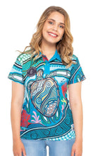 Load image into Gallery viewer, Aboriginal Art Women&#39;s Fitted 50+ UPF Polo Sea Turtles Journey
