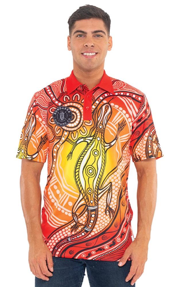 Aboriginal Art Unisex 50+ UPF Polo Sunset Goanna