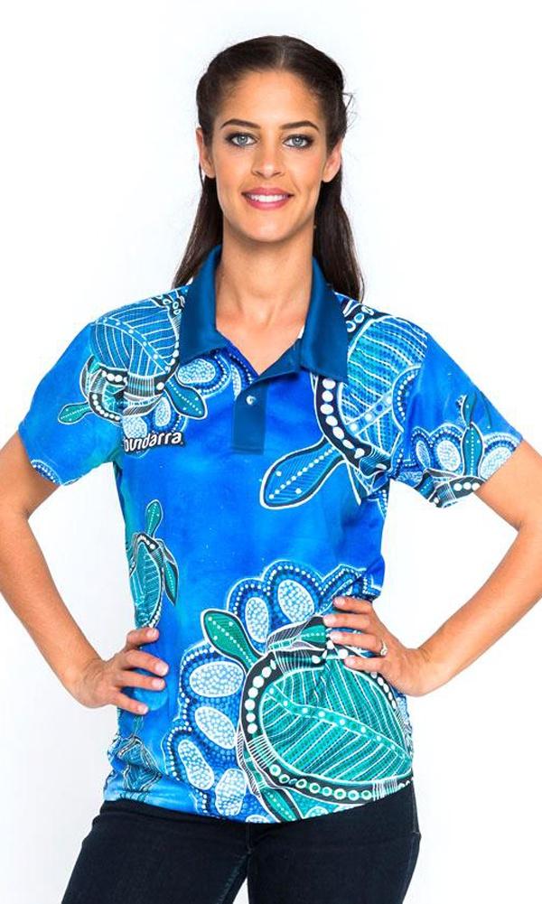 Aboriginal Art Ladies Fitted Polo Ocean Turtles