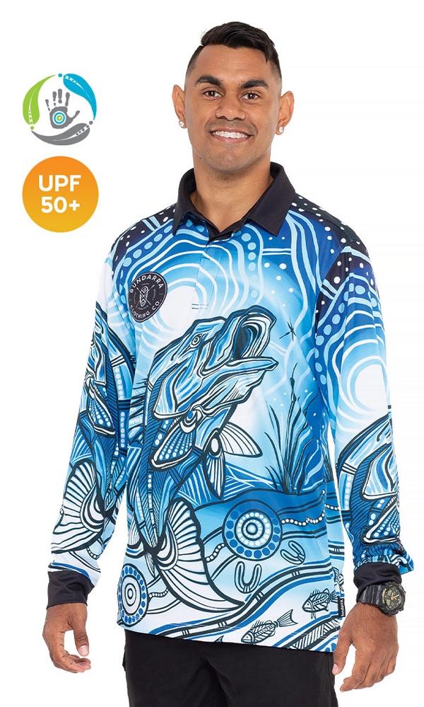 Aboriginal Art Unisex 50+ UPF Long Sleeve Polo Full Moon Barramundi