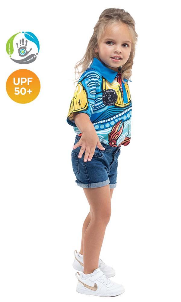 Aboriginal Art Kids Unisex 50+ UPF Polo Gathering Mudcrab