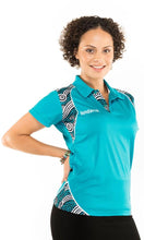 Load image into Gallery viewer, Aboriginal Art Ladies Fitted Polo Riverbank.

