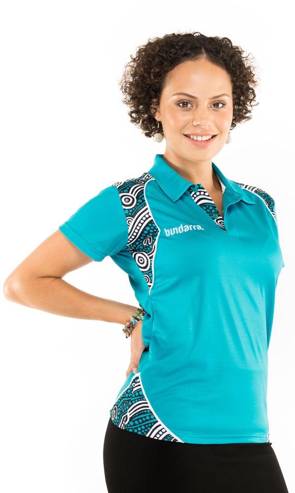 Aboriginal Art Ladies Fitted Polo Riverbank.