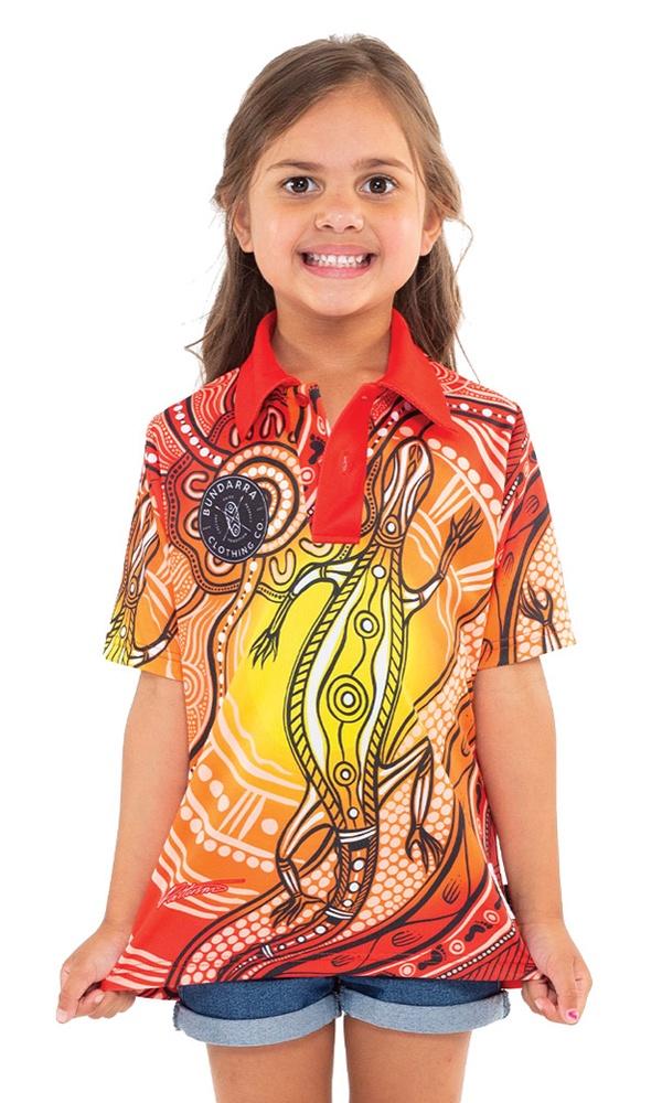 Aboriginal Art Kids Unisex 50+ UPF Polo Sunset Goanna