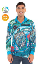 Load image into Gallery viewer, Aboriginal Art Unisex 50+ UPF Long Sleeve Polo Sea Turtles Journey
