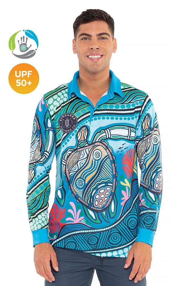 Aboriginal Art Unisex 50+ UPF Long Sleeve Polo Sea Turtles Journey