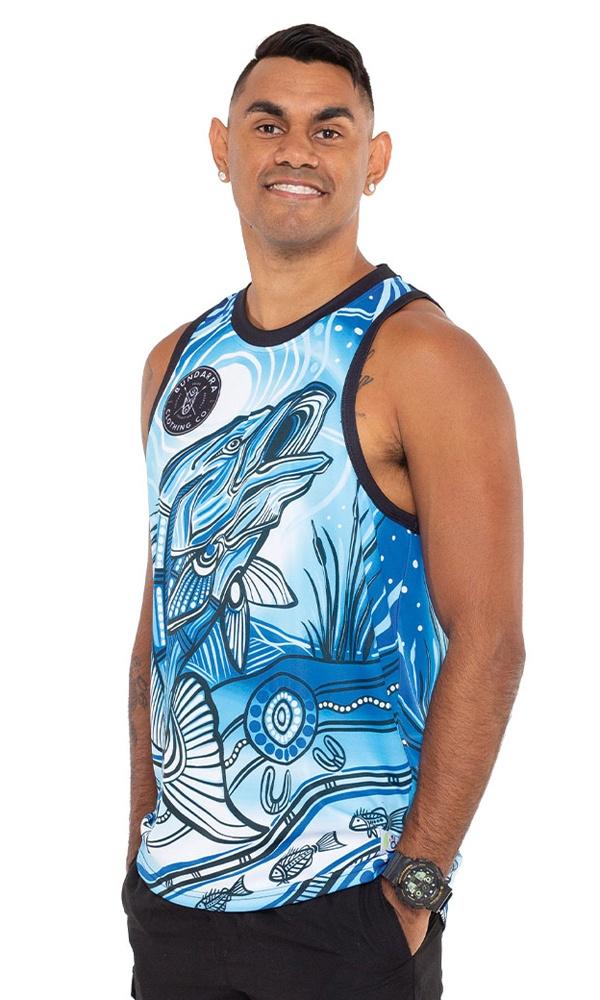 Aboriginal Art Premium Men's Singlet Full Moon Barramundi